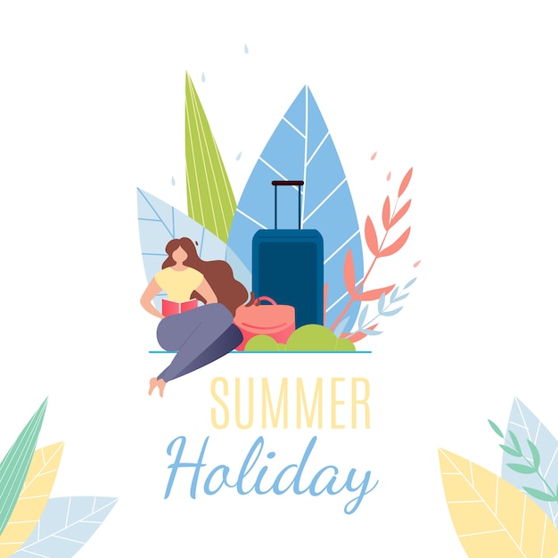 Summer Holiday Text Banner. Cartoon Woman with Baggage Resting