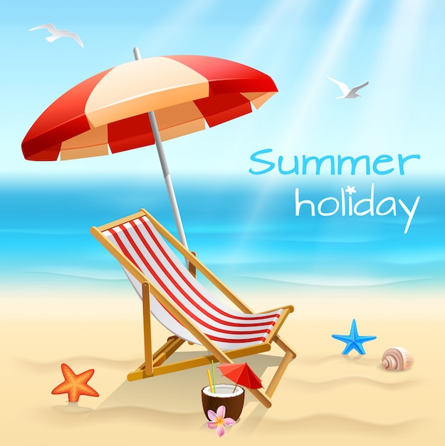 Free Vector summer holidays beach background poster with chair starfish and cocktail vector illustration