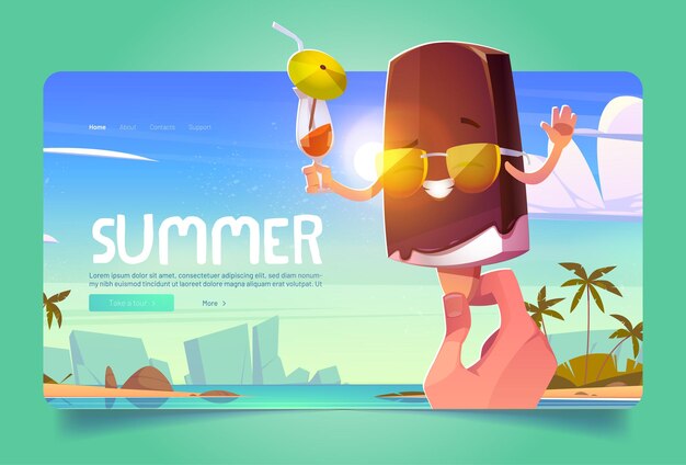 Summer ice cream cartoon landing page, hand holding funny popsicle character wear sunglasses and drinking cocktail, eskimo with kawaii face expressing emotions, melting on heat, vector web banner