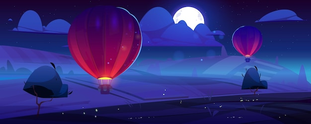 Free vector summer landscape with flying hot air balloons, fields, trees and river at night. vector cartoon illustration of countryside with moon in sky and colorful airships with baskets fly over meadows