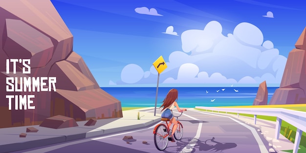 Summer landscape with girl on bike and sea