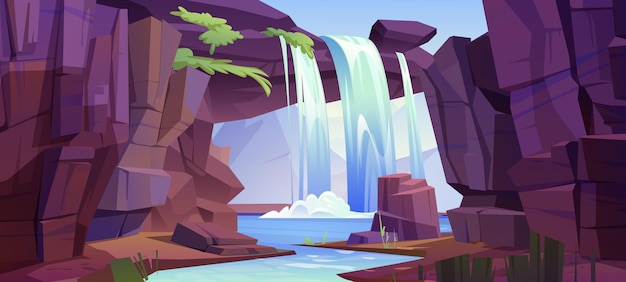 Free Vector summer landscape with rocky mountain and waterfall