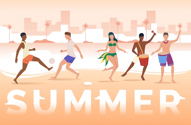 Summer lettering, people playing with ball and dancing on beach