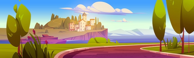 Free Vector summer mediterranean landscape with sea harbor, city on hill and mountains on horizon. vector cartoon illustration of town in europe, road, green grass and trees on lake coast