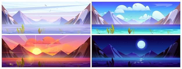 Free Vector summer mountain landscape with lake set