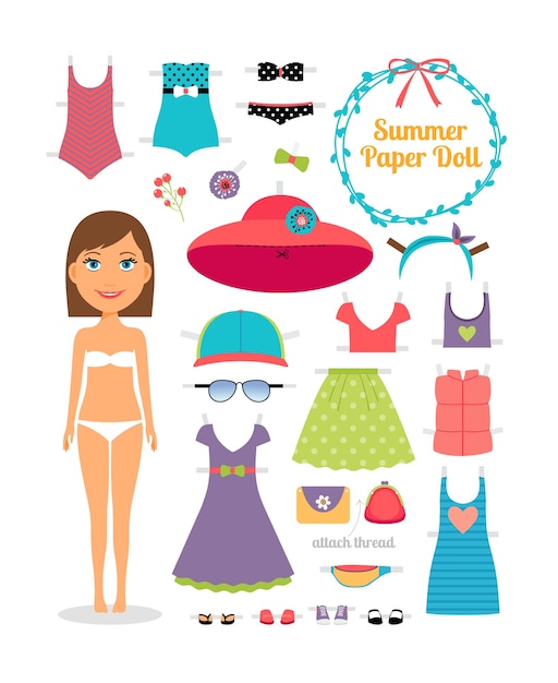 Free Vector summer paper doll. girl with dress and hat.  cute dress up paper doll. body template, outfit and accessories. summer collection.