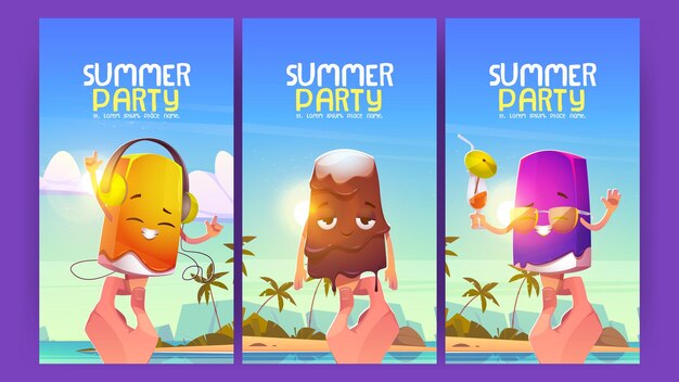 Summer party cartoon posters ice cream characters