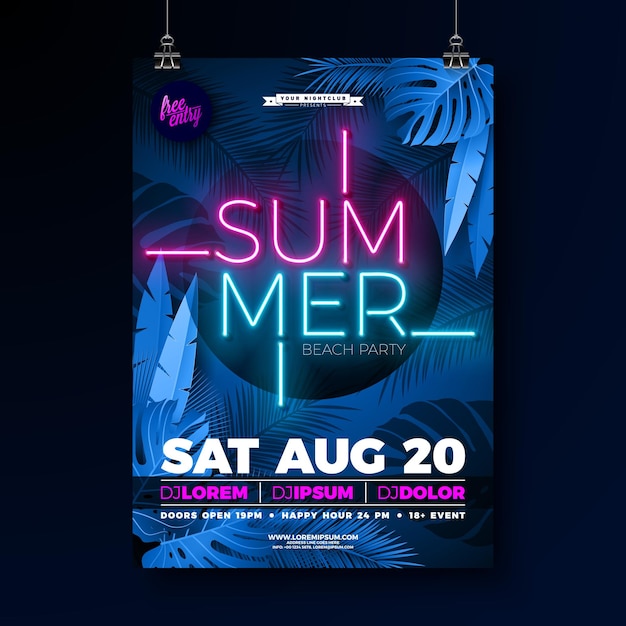 Summer Party Flyer Design Template with Glowing Neon Light Lettering on Fluorescent Tropic Leaves