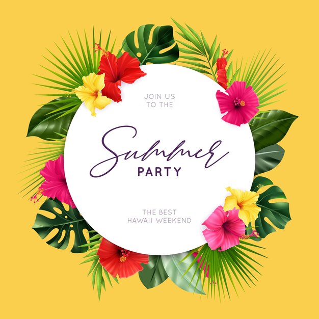 Summer party flyer with realistic hibiscus composition