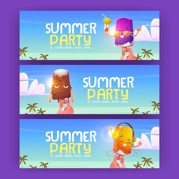 Free Vector summer party flyers with cute ice cream on beach vector posters with cartoon illustration with hand holding popsicle chocolate icecream on stick melt in headphones and and sunglasses