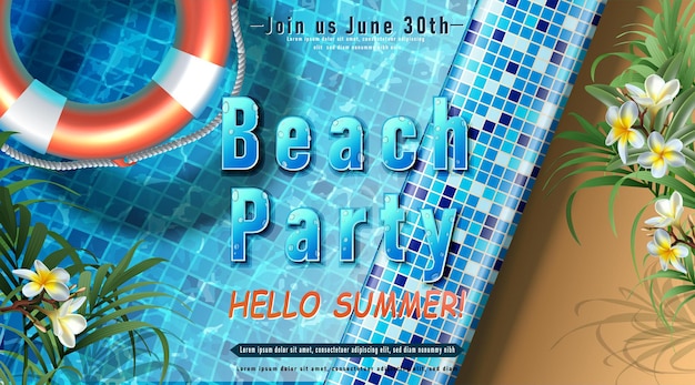 summer party invitation template Pool party with inflatable rings in the water