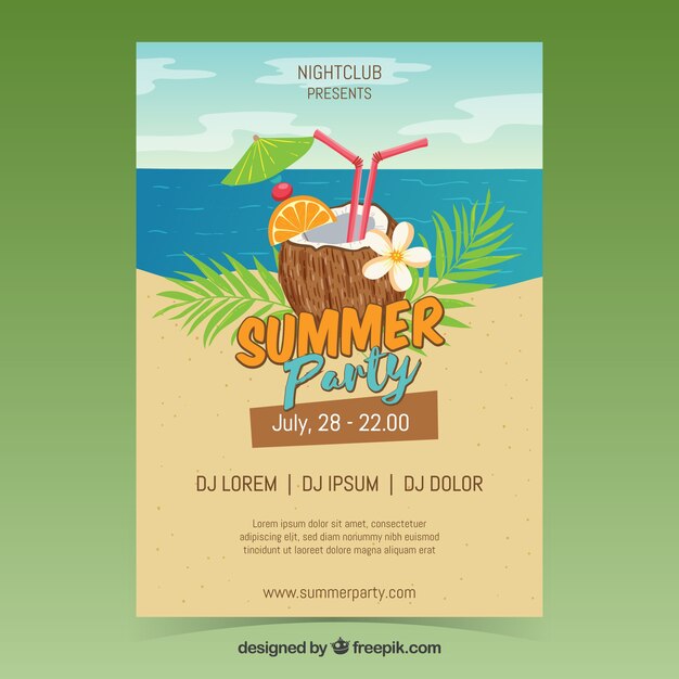 Summer party invitation with coconut and beach