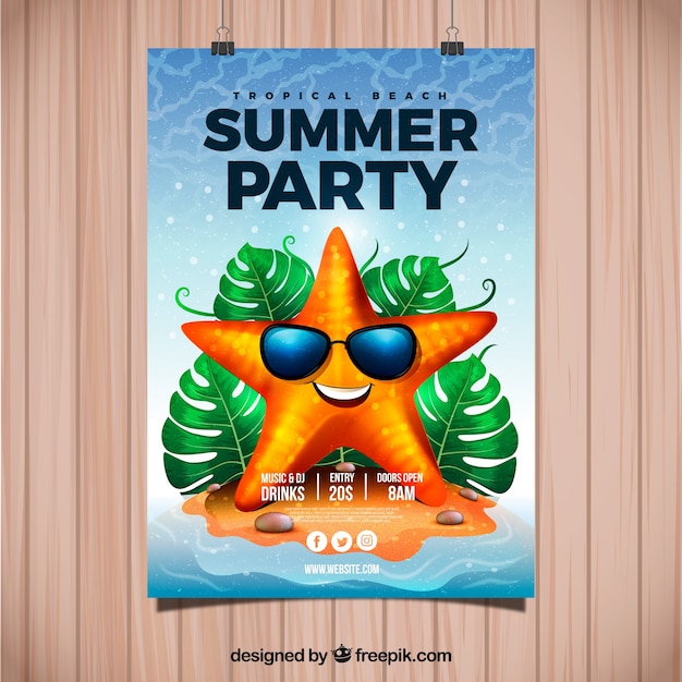 Summer party invitation with cool starfish in realistic style