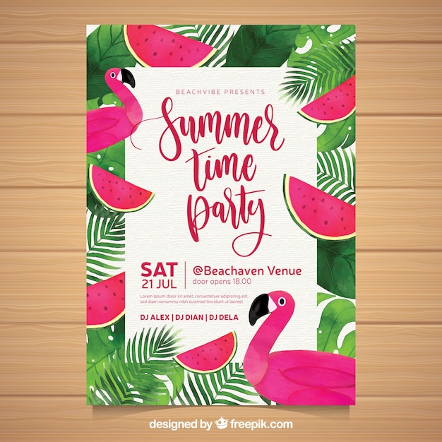 Summer party invitation with watermelons and flamingos