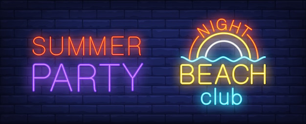 Summer party in night beach club neon sign. Bright rainbow on sea. 