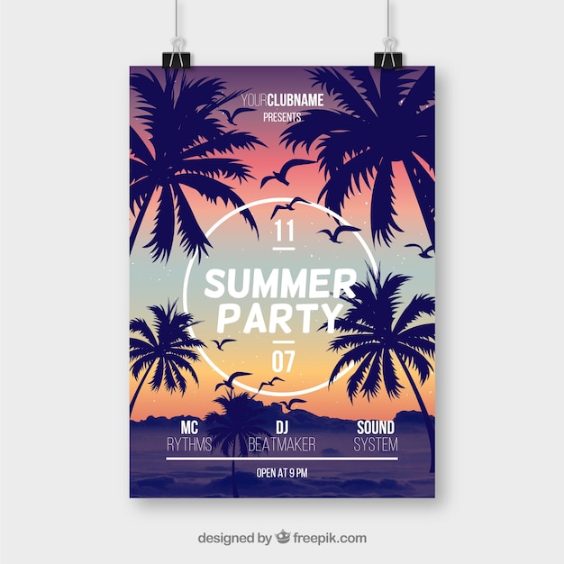 Free vector summer party poster with palm trees