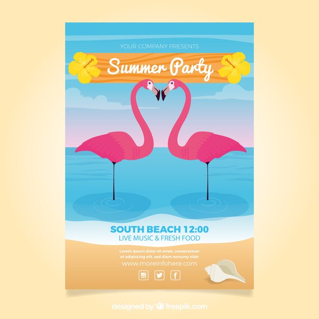 Free vector summer party poster with two pretty flamingos