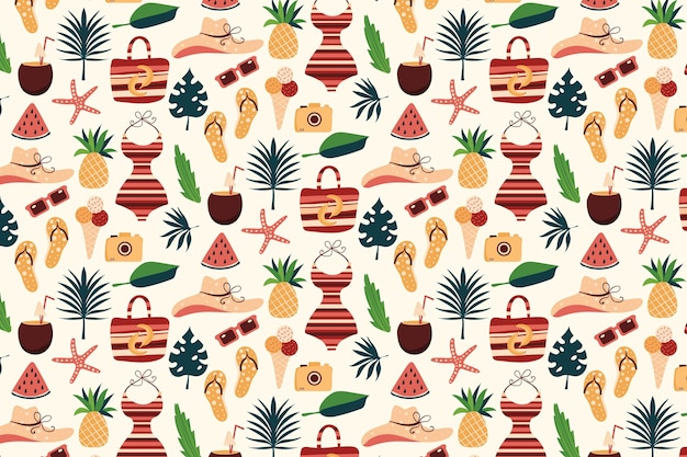 Summer pattern with beach essentials and pineapple