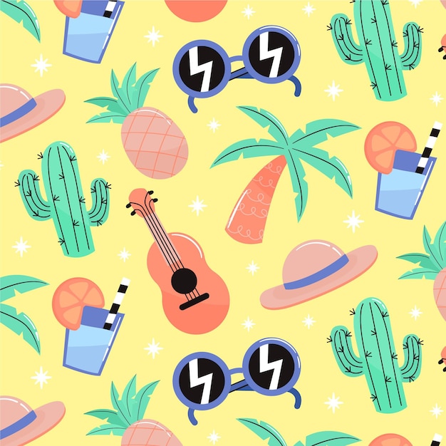 Summer pattern with cactus and guitar