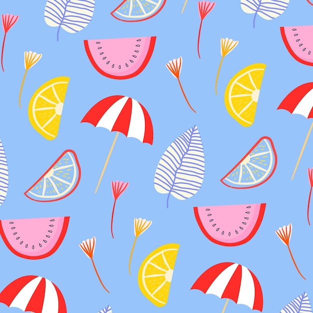 Free Vector summer pattern with watermelon and umbrellas