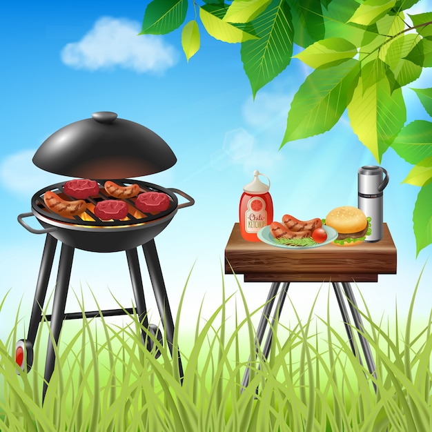 Free Vector summer picnic with sausages and burgers cooking on grill realistic illustration