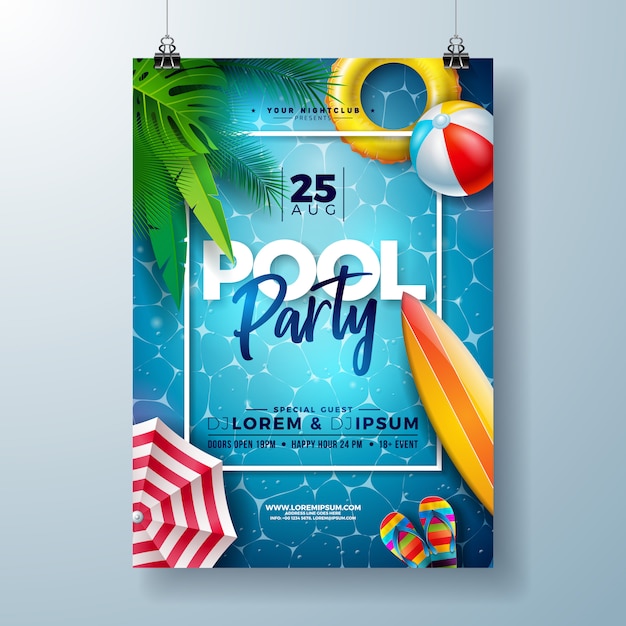 Free Vector summer pool party poster design template with palm leaves and beach ball