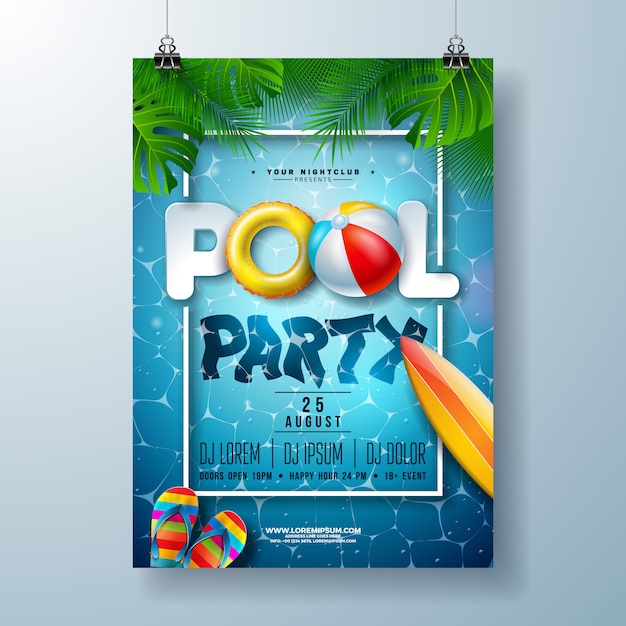 Summer pool party poster template with palm leaves and beach ball