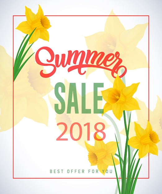 Summer sale 2018 lettering in frame with narcissuses on transparent background.