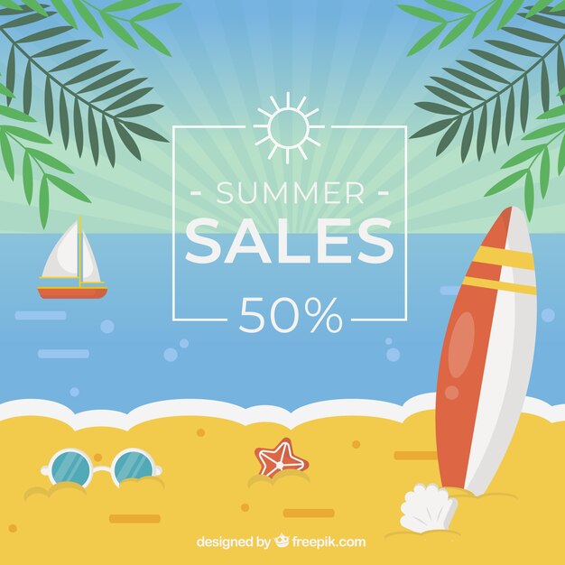 Summer sale background with beach in flat style