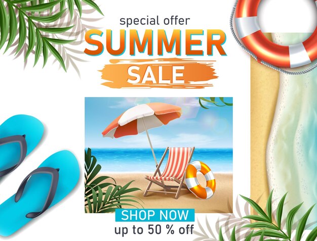 Summer sale banner  realistic template with diving mask sunbed and sea