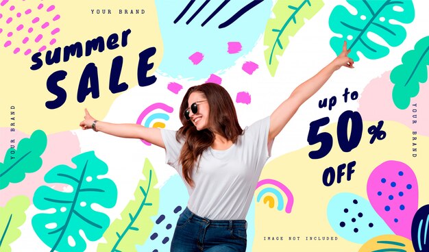 Summer sale banner template with tropical leaves and cheerful doodles