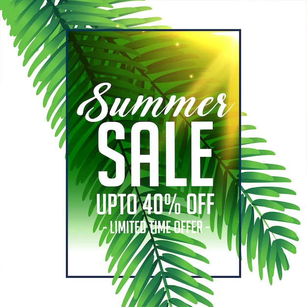 Summer sale banner with green tropical leaves