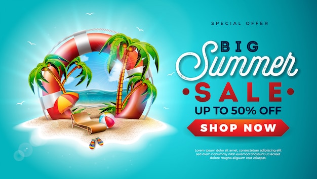 Summer Sale banner with Lifebelt and Exotic Palm Trees