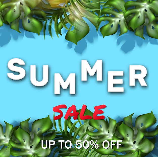  summer sale banner  with tropical leaves