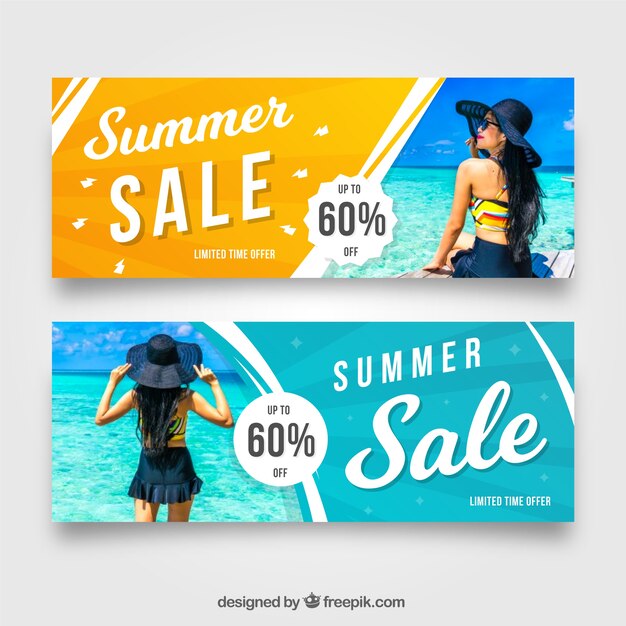 Summer sale banners with image of woman at sea