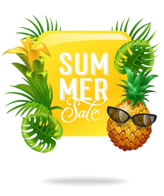 Summer sale bright poster with palm leaves, flower and pineapple in sunglasses.