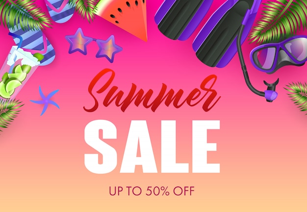 Free Vector summer sale colorful poster design. mojito, diving mask