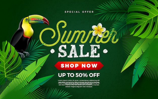 Summer Sale Design withToucan Bird and Tropical Palm Leaves