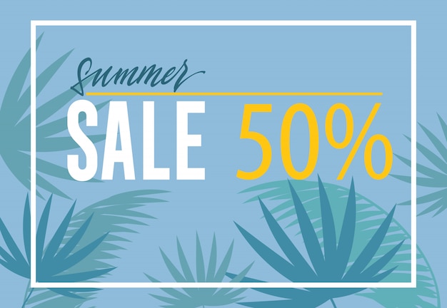 Free Vector summer sale fifty percent banner. palm leaf silhouettes on blue background. 