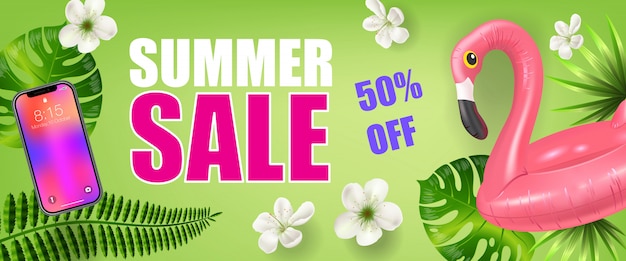 Summer sale fifty percent off banner with palm leaves, smartphone and inflatable flamingo