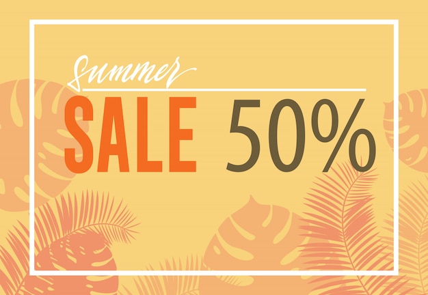 Free Vector summer sale, fifty percent poster with tropical leaf silhouettes on yellow background.