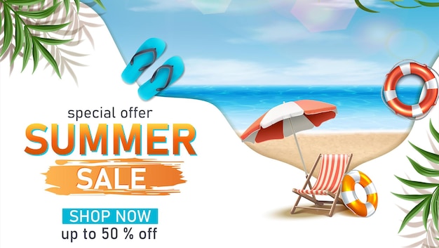  summer sale horizontal banner template with summer beach elements sun bed umbrella and flats