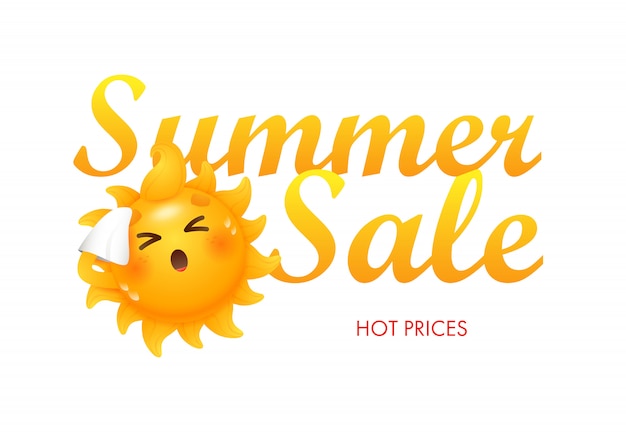 Free Vector summer sale, hot prices lettering with sun cartoon character