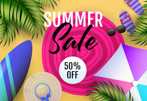 Free Vector summer sale lettering with beach mat, umbrella and surfboard