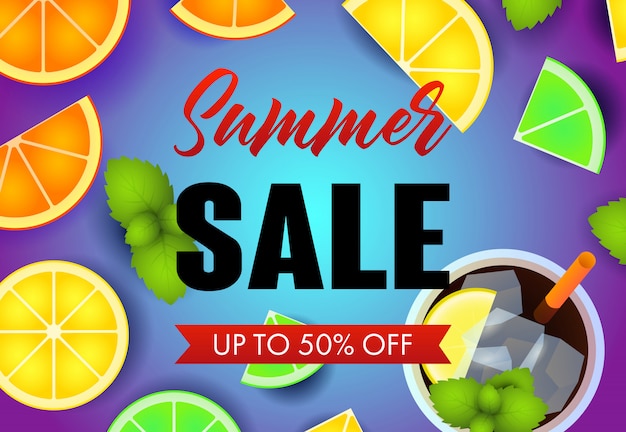 Free Vector summer sale lettering with fruit slices and mojito cocktail