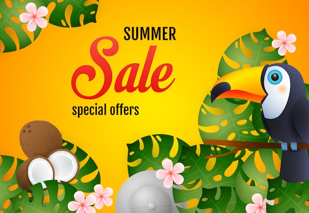 Summer Sale lettering with tropical plants, toucan and coconut