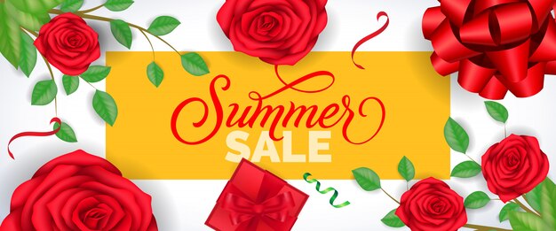 Free Vector summer sale lettering in yellow frame with roses and confetti on white background.