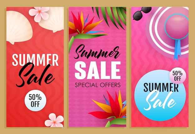 Summer sale letterings set, exotic plants, beach hat