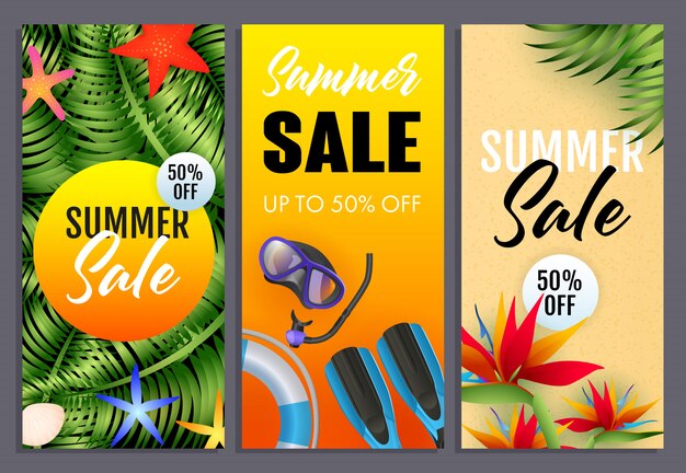 Summer sale letterings set, tropical plants, scuba mask, snorkel