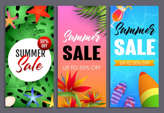 Summer sale letterings set, tropical plants and surfboard